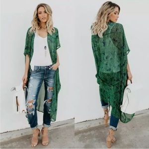 Green + Blue Tropical Leaf Kimono